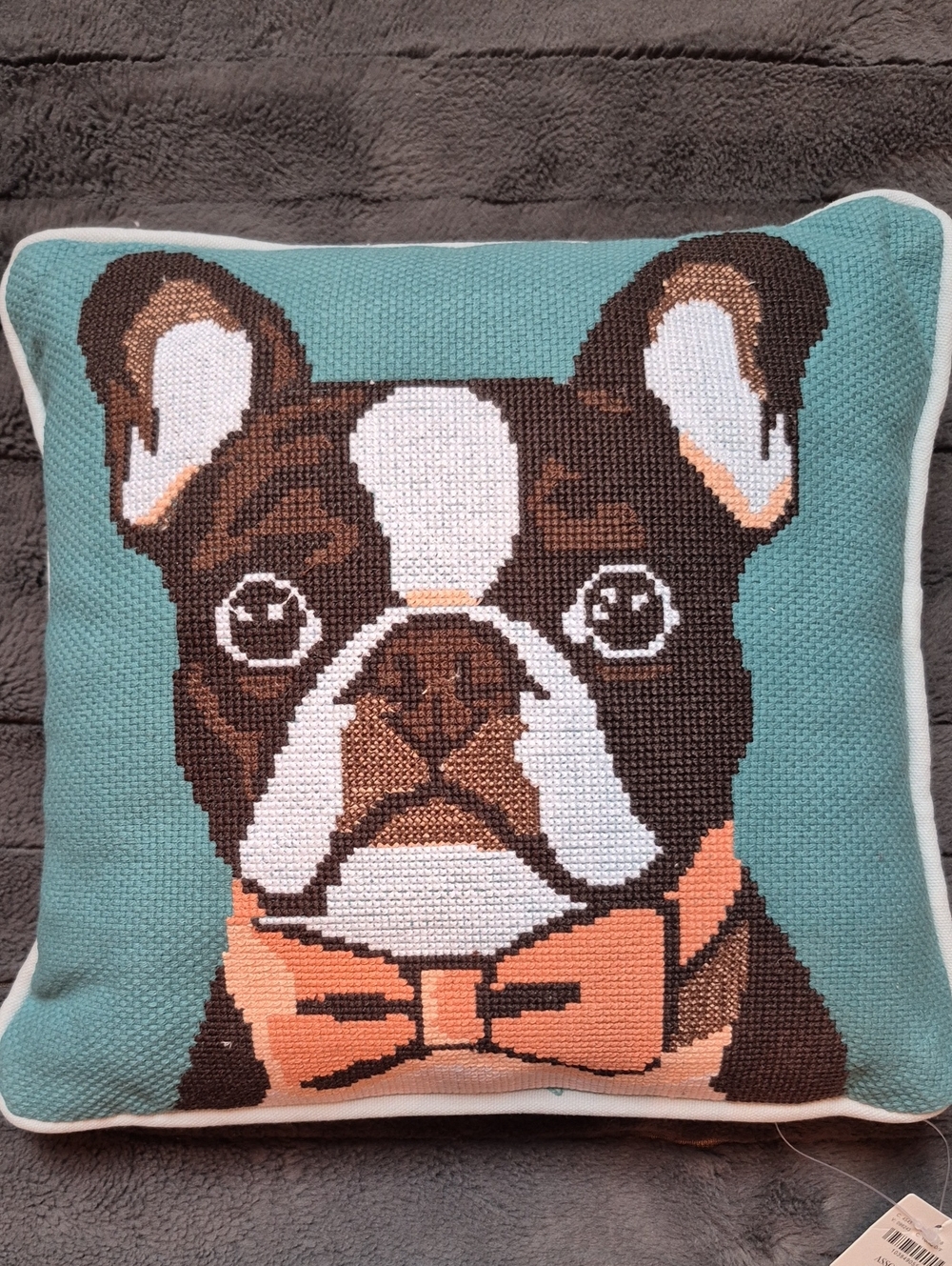 Anthropologie Arden Cotton Frenchie Dog Needlepoint Pillow, New With Tags! - Picture 15 of 15